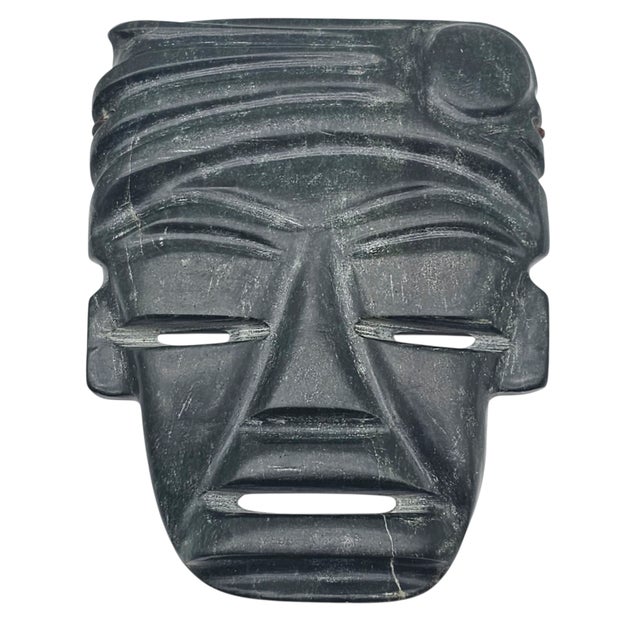 Tribal Pair of Green Stone Olmec-Style Mask Wall Plaques, Pre-Columbian Revival For Sale - Image 3 of 6