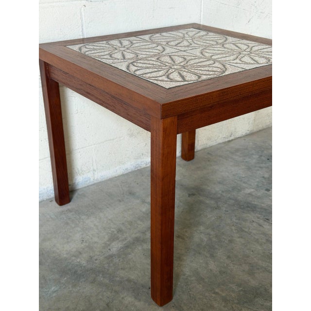 Brown Teak Floral Ceramic Tile Top Side End Table Danish Mid-Century Modern 1970s For Sale - Image 8 of 9
