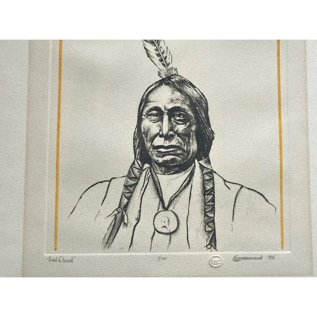 Charcoal Tom Greenwood "Red Cloud" Limited Edition Embossed Lithograph W/ Watercolor c.1989 For Sale - Image 8 of 12