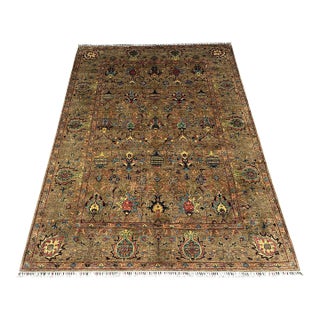 Taupe Afghan Sultani Natural Dye Wool Rug, Persian Floral Botanical Design, 6′7″ × 9′2″ For Sale