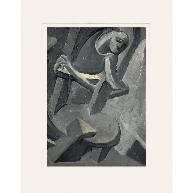 Mid Century French Abstract Figure Painting in Grey and Black on Paper. Signed With Mat For Sale