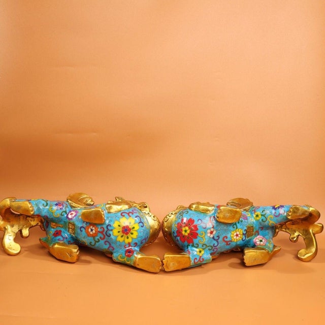 Late 19th Century Pair of Cloisonné Enamel Guardian Lion Figurines, 4890g Total, Gilt Bronze For Sale - Image 10 of 10