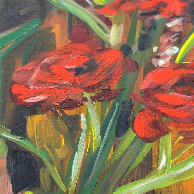 Red Vintage Original Oil Painting Red Roses Still Life For Sale - Image 8 of 13