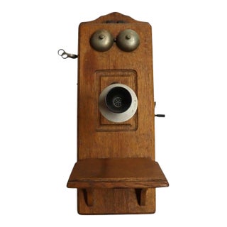 Antique Oak Wall Mount Crank Telephone Unsigned C1910 For Sale