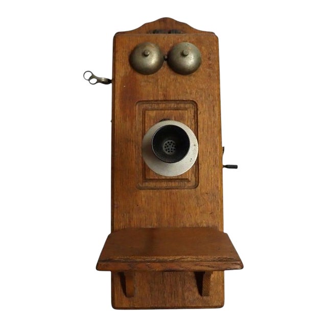 Antique Oak Wall Mount Crank Telephone Unsigned C1910 For Sale
