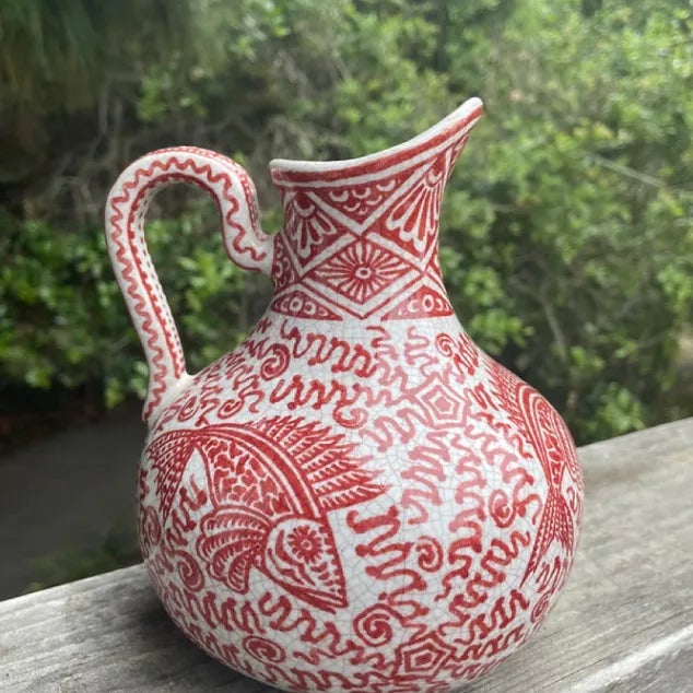 Folk Art 1960s Rood Red Craquele Porceleyne Fles Delft Pitcher For Sale - Image 3 of 6