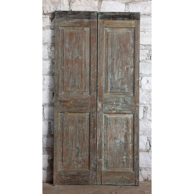 Antique Indian Carved Double Doors Floral Vase Design Wooden Barn Door 80x40 For Sale - Image 4 of 5
