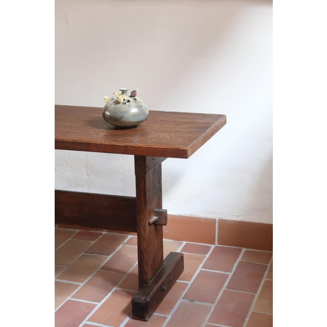 Oak Side Table with Pegged Trestle Base, France, 1950s For Sale - Image 9 of 12