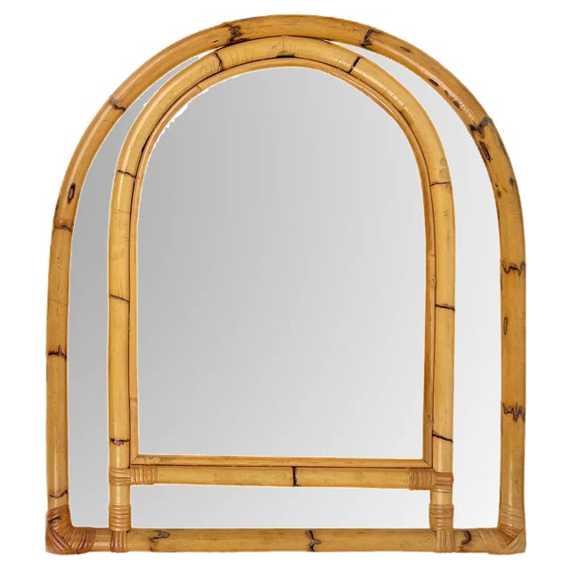 Arched Bamboo and Rattan Wall Mirror, Italy, 1970s For Sale