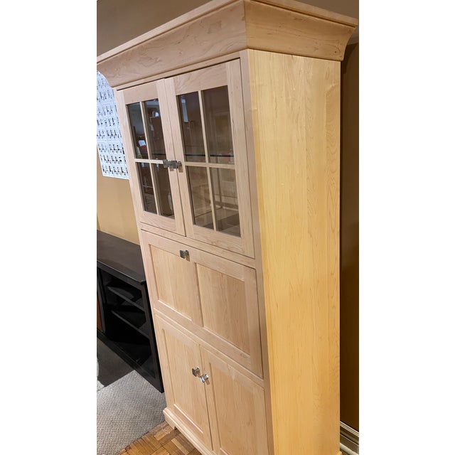 Transitional Ohio Amish-Built Solid Hard Maple Fall-Front Desk With Clear Coating, Featuring a Lighted Display, a Glass Shelf Above, and Storage Below. For Sale - Image 3 of 11