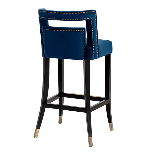 Transitional Hart Navy Velvet Bar Stool For Sale - Image 3 of 7