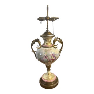 Antique French Sevres Style Porcelain Table Lamp Hand Painted Signed Marius For Sale