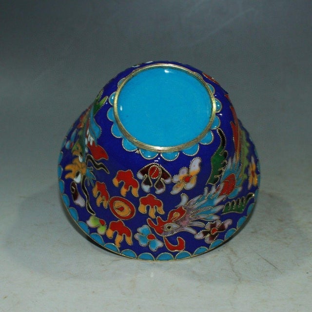 Vintage Cloisonne Enamel Tea Bowls – 3.9" Dragon & Phoenix Cups - Pair For Sale - Image 9 of 9