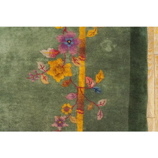1920s 1920s Green Floral Bamboo Antique Chinese Art Deco Carpet 7' 10'' X 9' 7'' Knotted Wool Rug For Sale - Image 5 of 11
