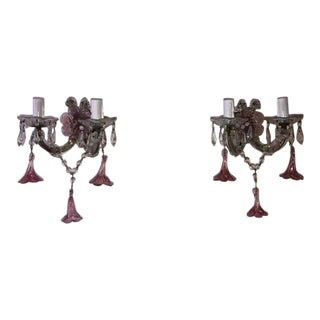 1920 French Fuchsia Murano Flowers and Crystal Prisms Sconces For Sale