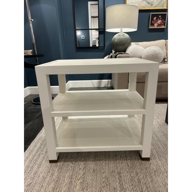 Made Goods Jarin Side Table in white faux Belgian linen and antique brass caps. Reg $1625, Now $720