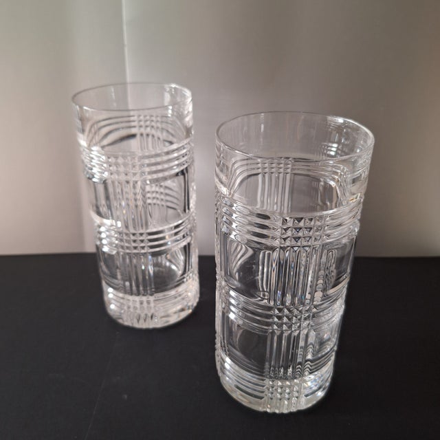 Ralph Lauren Late 20th Century Ralph Lauren Glen Plaid Set of 2 Crystal High Ball Glasses Signed on Bottom 6.25" Tall For Sale - Image 4 of 9