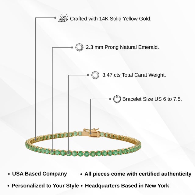 Certified 3.47ct Natural Emerald Tennis Bracelet in 14k Yellow Gold For Sale - Image 12 of 16