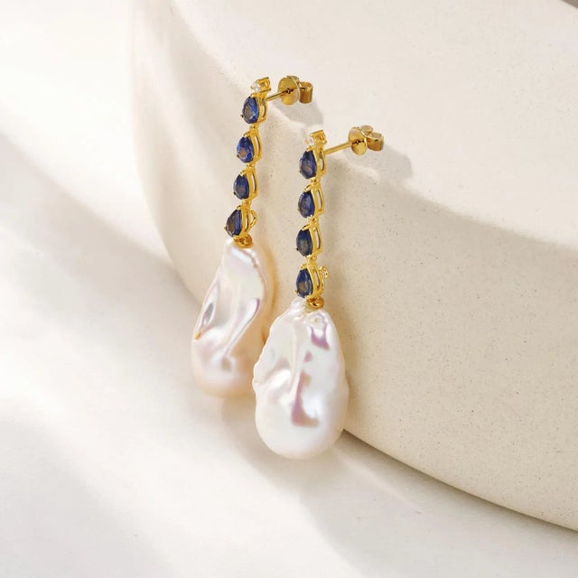 Contemporary Nina Zhou Sapphire Diamond & Baroque Pearl Convertible Drop Earrings in 14k Yellow Gold - A Pair For Sale - Image 3 of 11