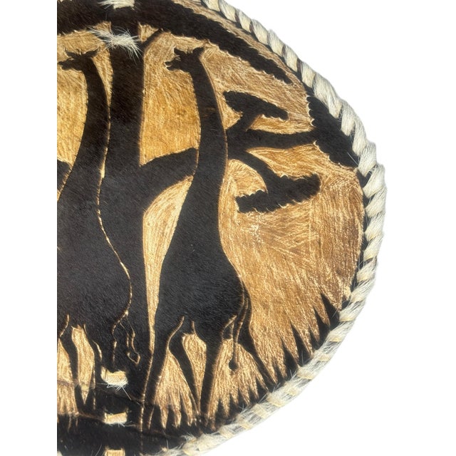 African Painted Animal Hide Shield Giraffe Safari Scene Braided Fur Edge Wall Art For Sale In Philadelphia - Image 6 of 10