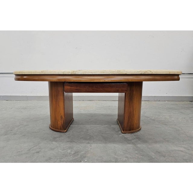 1970s Large Modern Sofa Table in Walnut with Travertine Top, 1970s For Sale - Image 5 of 16