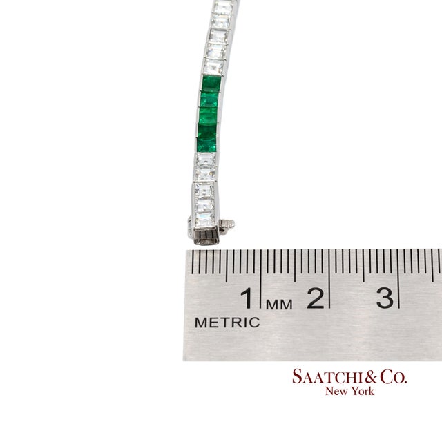 Platinum 950 Custom Made Natural Diamond and Emerald Bezel Tennis Bracelet For Sale - Image 12 of 12