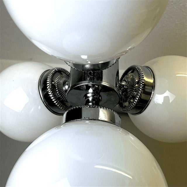Space Age Chandelier in Chromed Metal with 4 White Opaline Glass Globes, 1970s For Sale - Image 9 of 12