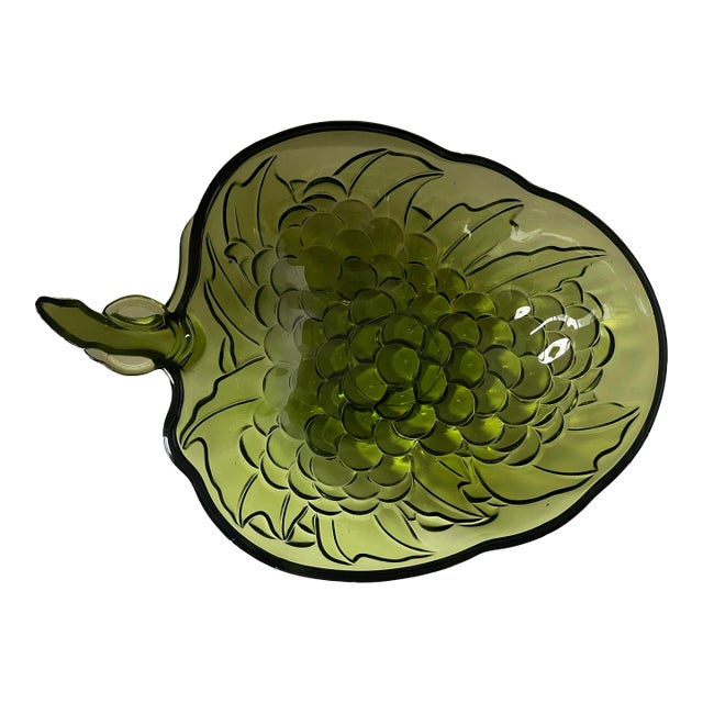 Vintage Indiana Glass Olive Green Grape Motif Glass Centerpiece Bowl, Mid-Century Pressed Glass For Sale