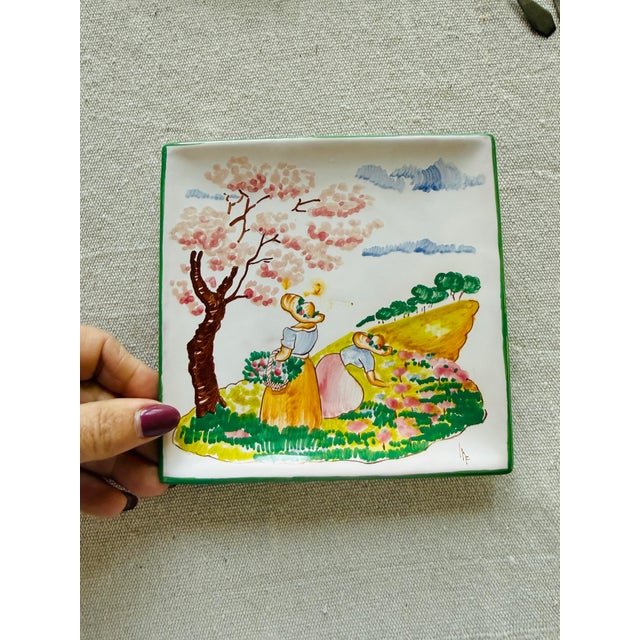 Vintage Italian Hand Painted Spring Wall Plate Pastoral Scene 6.25 Inch For Sale - Image 4 of 5