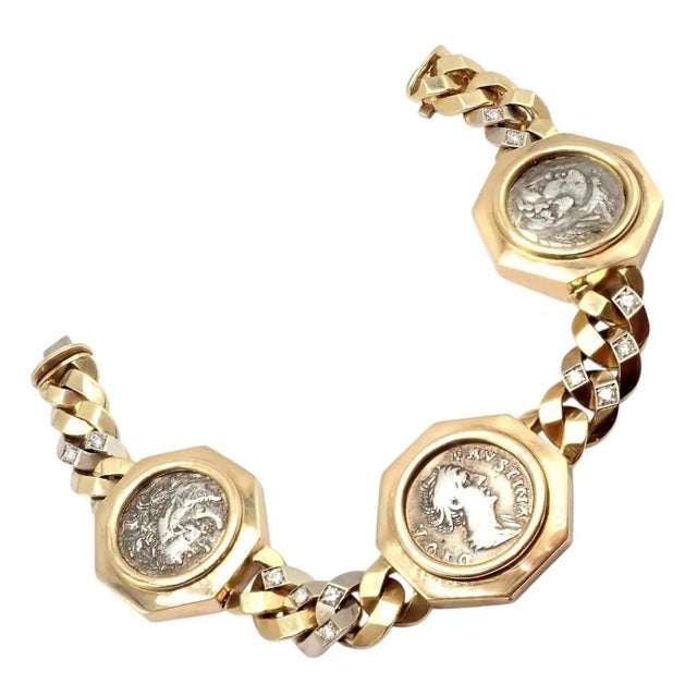 Bulgari Vintage Monete Three Large Ancient Coin Diamond Gold Link Bracelet For Sale - Image 9 of 17
