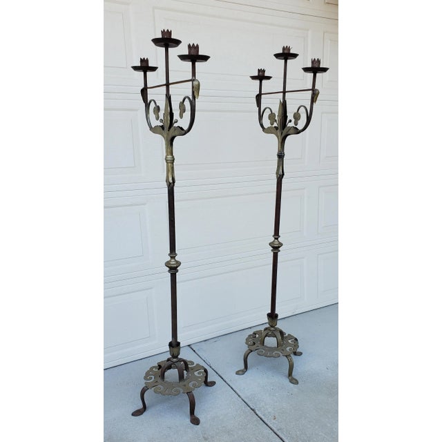 Gothic Pair of 1920s Antique Wrought Iron Torchiere Candelabras Floor Candle Stands For Sale - Image 3 of 12