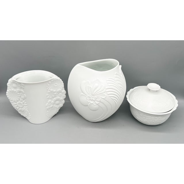 Set of 3 Vintage M. Frey Kaiser West Germany White Bisque Porcelain Floral Vessels – Mid to Late 20th Century – Romantic / European Traditional For Sale - Image 10 of 16