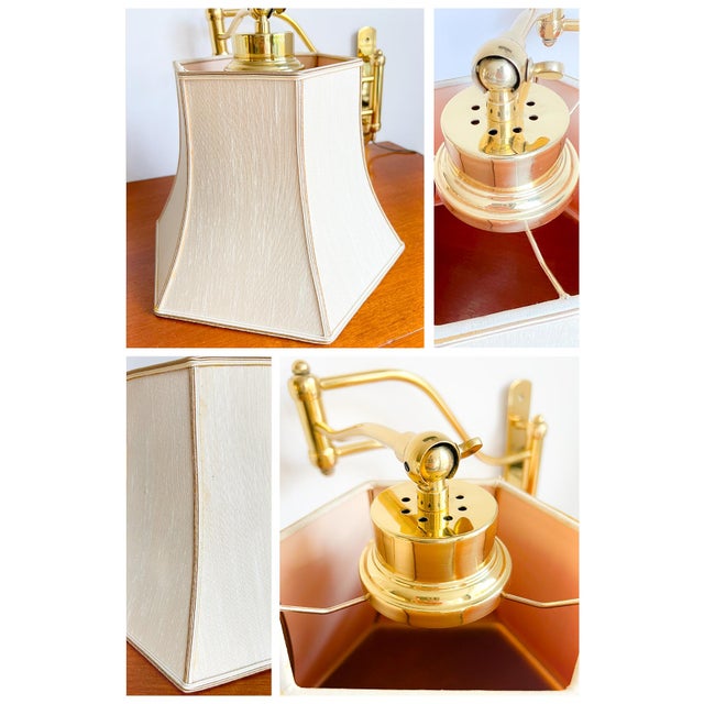 Mid-Century Brass Wall Light with Adjustable Swing Arm and Off-White Lampshade For Sale - Image 10 of 13