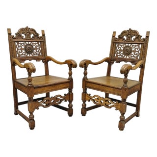 Antique Vanleigh Carved Oak Italian Renaissance Style Throne Arm Chairs - A Pair For Sale
