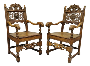 Antique Vanleigh Carved Oak Italian Renaissance Style Throne Arm Chairs - A Pair