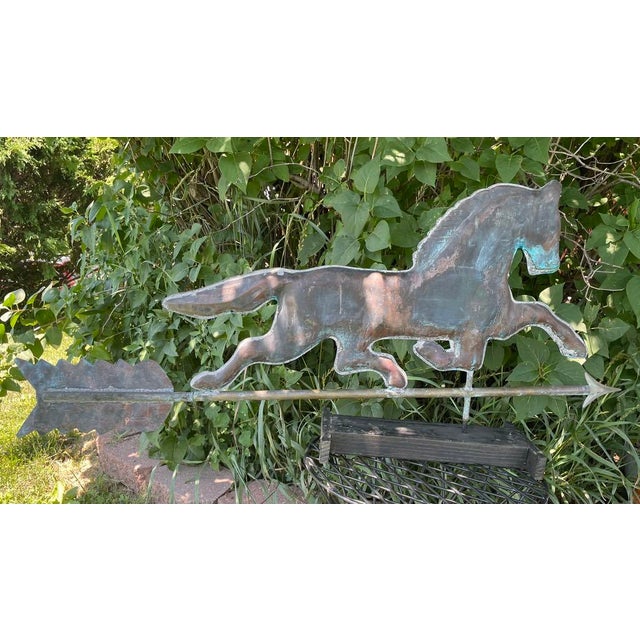 Early 20th Century Copper Horse Weathervane With Copper Ball and Milk Glass & Wood Stand For Sale - Image 11 of 14