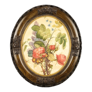 19th Century Victorian Rose Floral Lithograph Print in Wooden Picture Frame