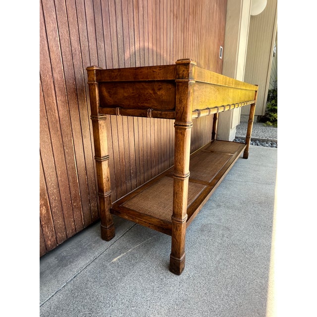 1970s Drexel Heritage Sofa Console Table With Burled Wood Top and Caned Shelf For Sale In Los Angeles - Image 6 of 10
