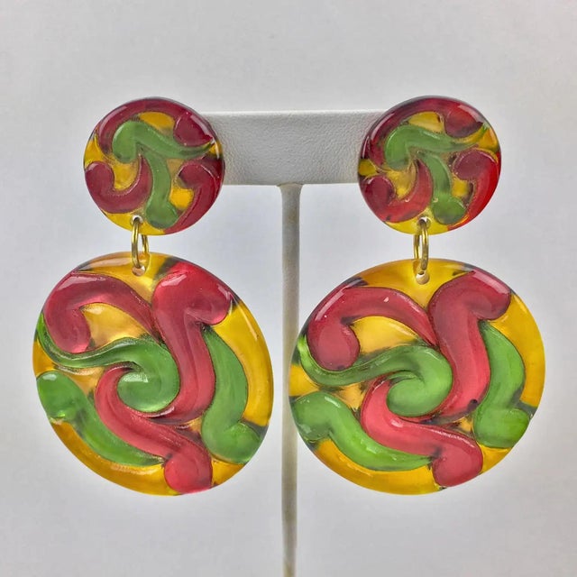 Raspberry Red Multicolor Red, Yellow and Green Lucite Disk Dangling Clip-on Earrings For Sale - Image 8 of 8