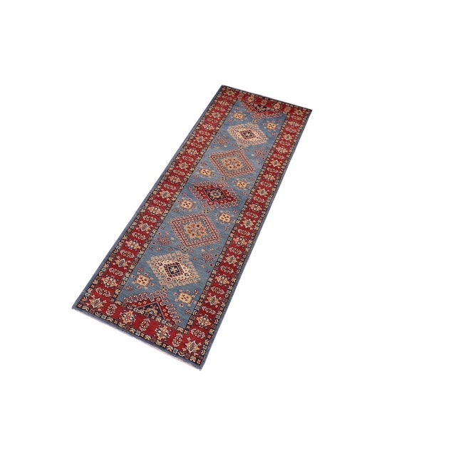 Tribal Super Kazak Light Blue/Red Wool Runner Rug- 2'11'' X 9'8'' For Sale - Image 9 of 10