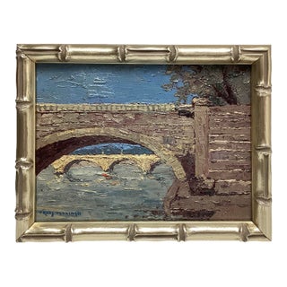 Small Impressionistic Stone Bridge Landscape Painting on Board Signed Frank Tullingn For Sale