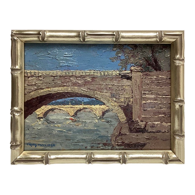 Small Impressionistic Stone Bridge Landscape Painting on Board Signed Frank Tullingn For Sale