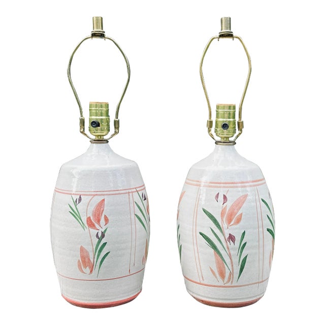 Hand Painted Floral Stoneware Table Lamps by California Ceramic Designers Inc. - a Pair For Sale