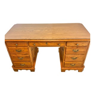 Vintage 1989 Solid Oak Executive Desk With Glass Top and Locking Drawers For Sale