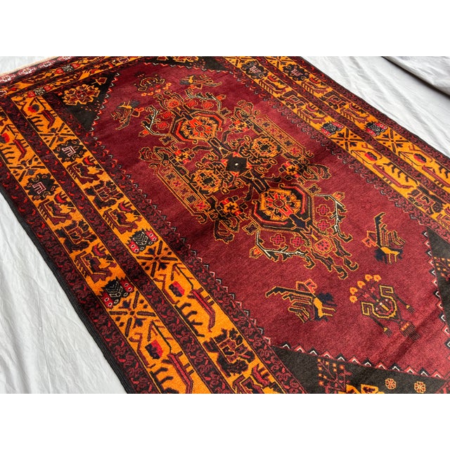 Islamic Vintage Afghan Baluchi Hand-Knotted Rug With Tribal Boho Design in Burgundy Amber Rug For Sale - Image 3 of 11