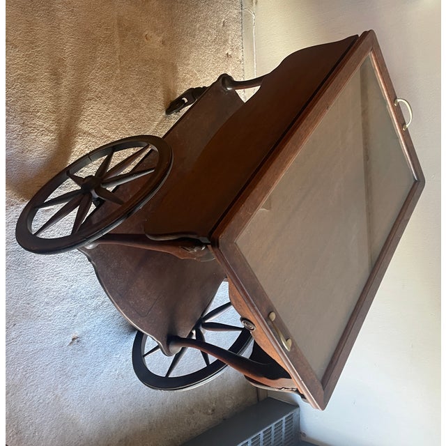 Wood Antique Mahogany Butler’s Cart - Glass Serving Tray Top - Drop Leaf Sides For Sale - Image 7 of 7