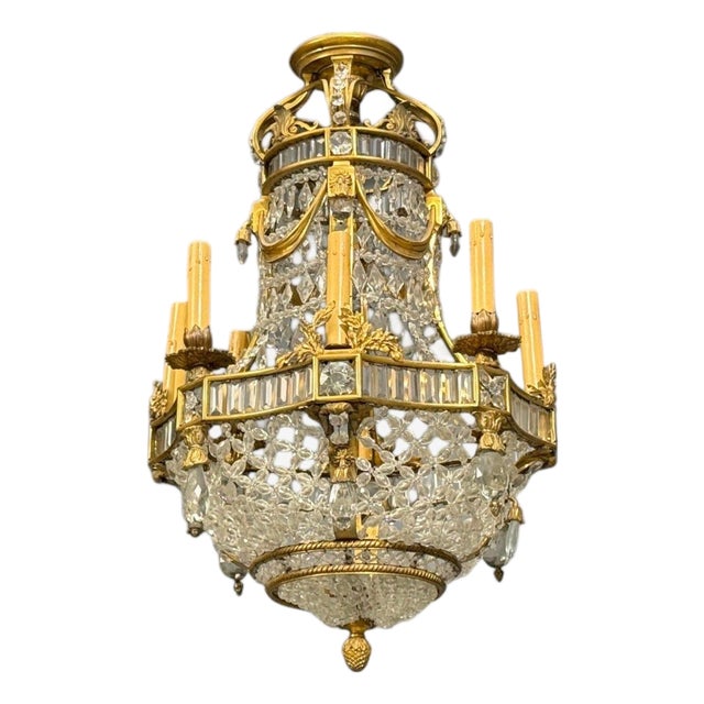 19th Century Louis XVI Style, Chandelier, Dore Bronze, Crystal, France For Sale