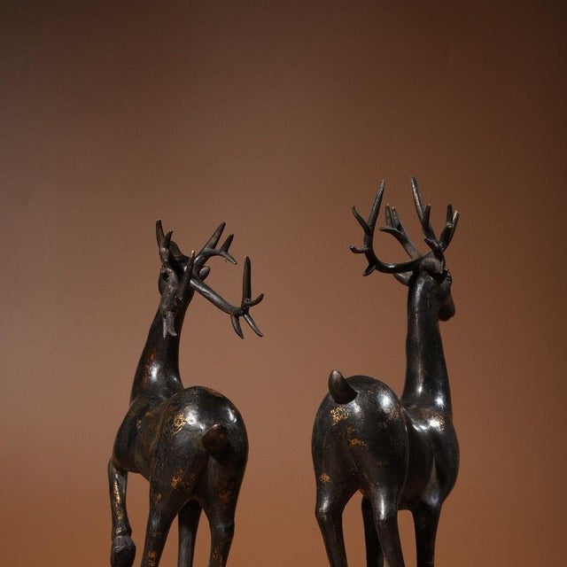 Chinese Pair of Vintage Chinese Gilt Bronze Deer Figures – Standing Auspicious Deer Sculptures For Sale - Image 3 of 9