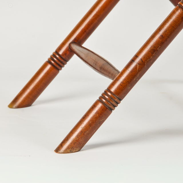 Wood Antique Luggage Rack With Vintage Swan Embroidered Ribbon | Antique Butler's Table | Folding Suitcase Stand For Sale - Image 7 of 13