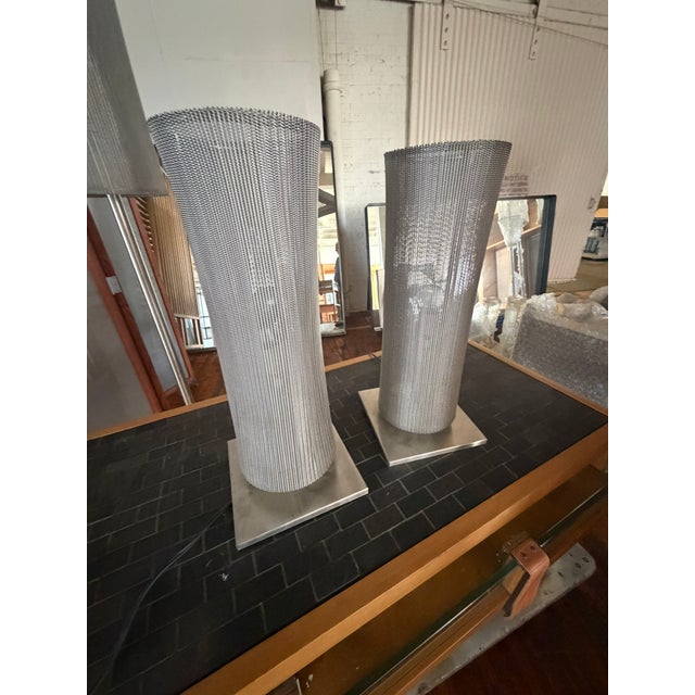 Custom Steel Mesh Table Lamps – Modern Industrial Sculptural Lighting, Pair For Sale - Image 4 of 15
